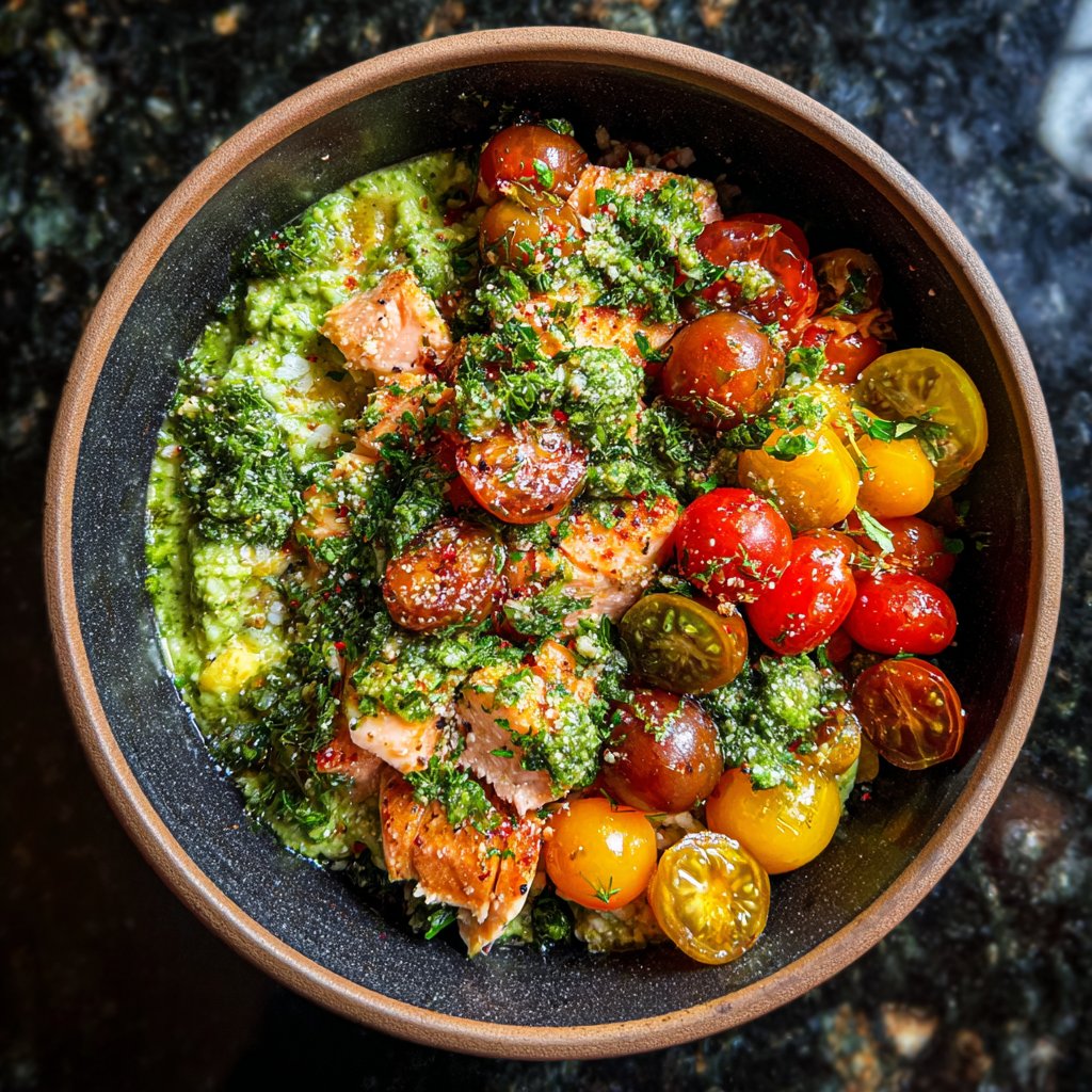 Avocado Pesto Salmon Bowl